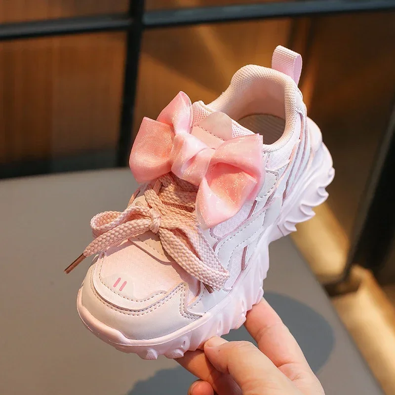 Sneakers kids Pink Sport Shoes Girls Kids Lace Up Bowtie Shoe 2023 Autumn Children Fashion Heig Increasing Casual Trainers 27-37