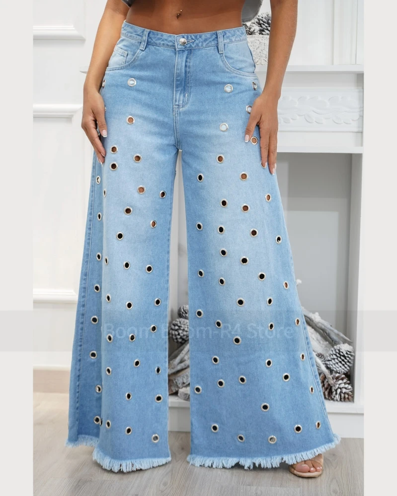 

Pants palazzo eyelets Y2K Blue Jeans Women Stretch Jeans Femme High Waist Trousers Vintage Casual Comfort Denim Flare Pants