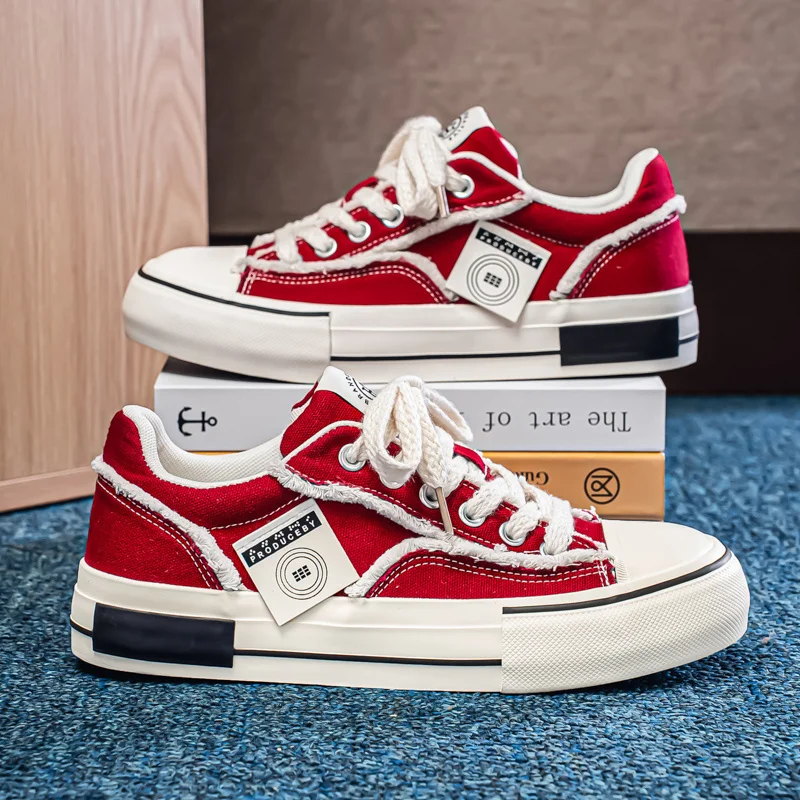 

2025 Autumn Fashion Red Men's Canvas Shoes Breathable Platform Casual Sneakers Men Low Vulcanized shoes Men zapatillas hombre