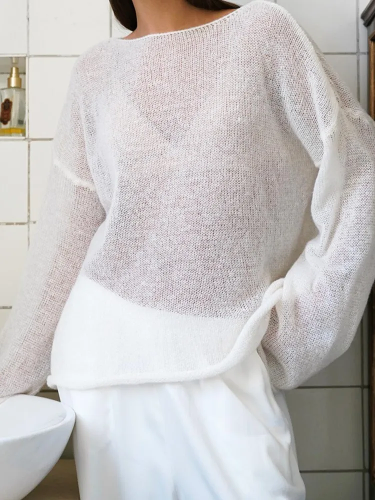 

Casual Solid Knit T Shirt Top For Women Fashion Sexy Sheer O Neck Long Sleeve Pullover Tshirts Tops Lady Spring Summer Clothes