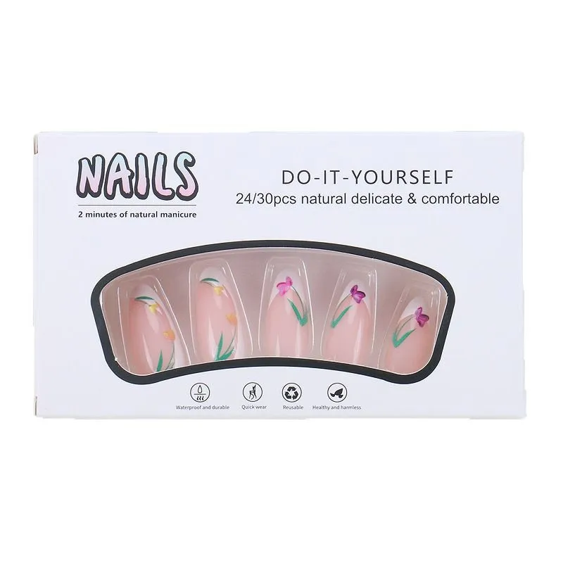 

Wearing Nail Wholesale Plant Flower French Nail Art 24 Finished False Nail Products