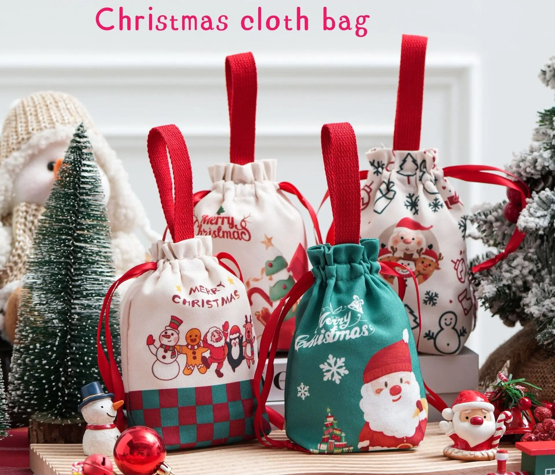 

5Pcs Christmas Canvas Bag Hand-Held Gift Bunch Storage Bag Festival Decoration Packaging Drawstring Bag Christmas Eve Gift Bag
