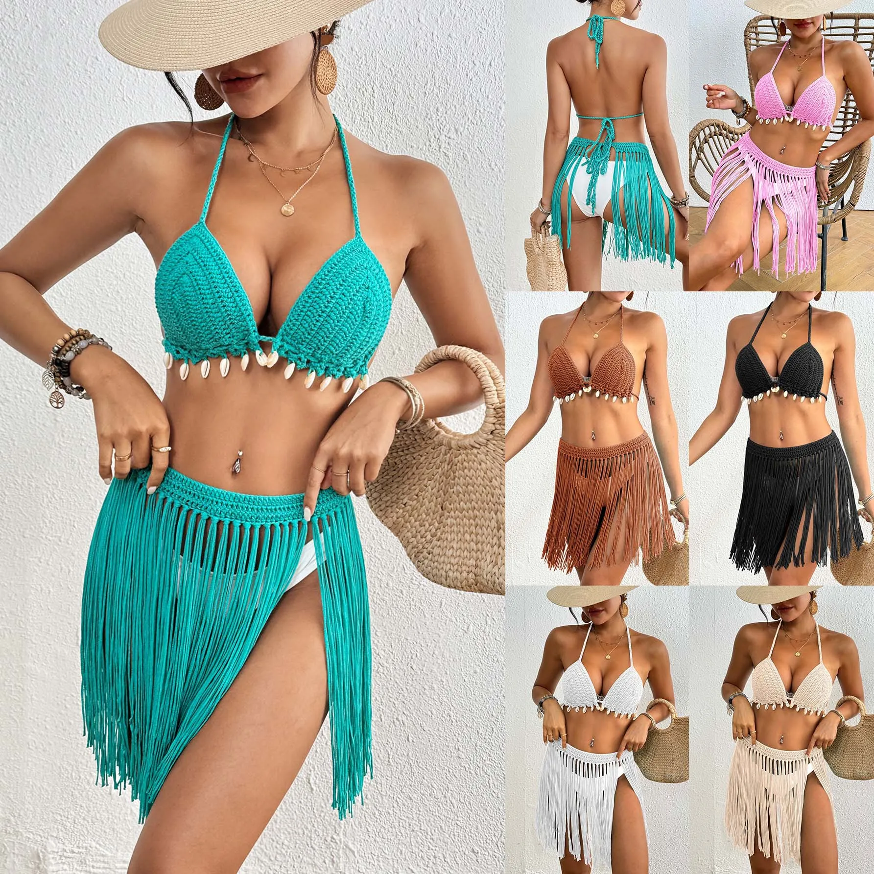 

2 Pcs/set Crochet Bikini Cover Up Set with Flowy Tassels Long Wrap Skirt Handmade Knit Beach Swimsuit with Shell Decor Boho