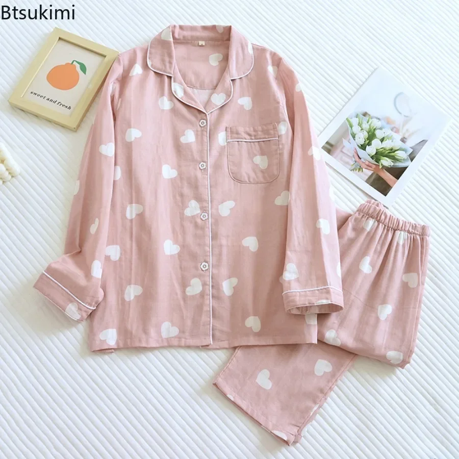 2025 Women's Spring Autumn Pajama Sets 100% Cotton Long Sleeve Pants Two Pieces Love Print Lovely Sweet Home Furnishing Suit New