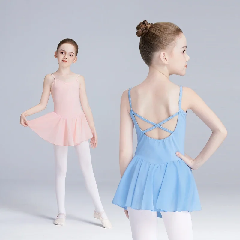 Girls Ballet Dress Kids Cotton Suspender Chiffon Dress Sleeveless Cross Strap Dance Wear Leotards Swimwear