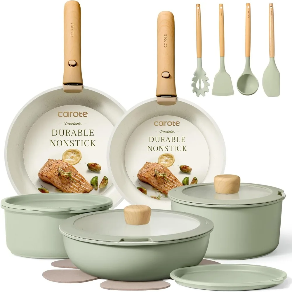 

19-Piece Nonstick Cookware Set with Detachable Handle, Induction Compatible, Oven Safe in Sage Green