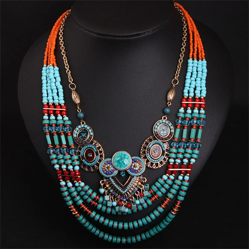 Charm Ethnic Multi-layer Colors Beads Gem Handmade Bohemia Design Necklace for Woman Female Jewelry Exaggerated Accessories