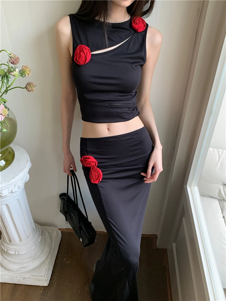 CHEERART Designer 2 Piece Sets Women Outfit Black Cut Out Crop Top And Maxi Skirt Set Summer Outfit 2024 Trending Fashion