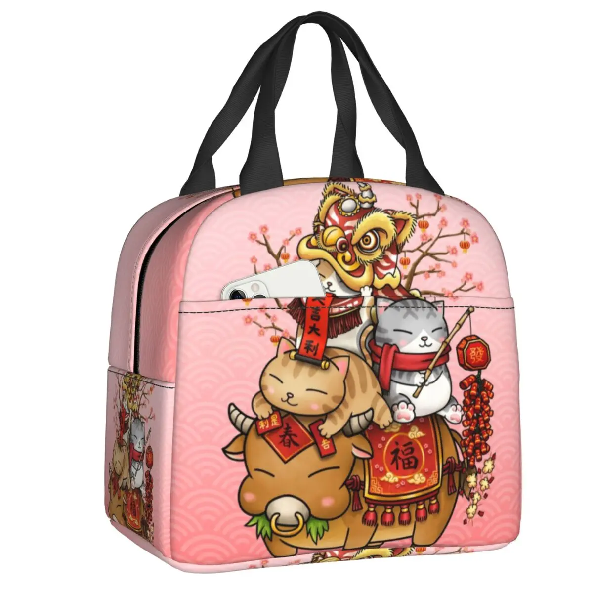 Lucky Cat Revolution Thermal Insulated Lunch Bags Women Japanese Maneki Neko Lunch Tote for Outdoor Picnic Food Box