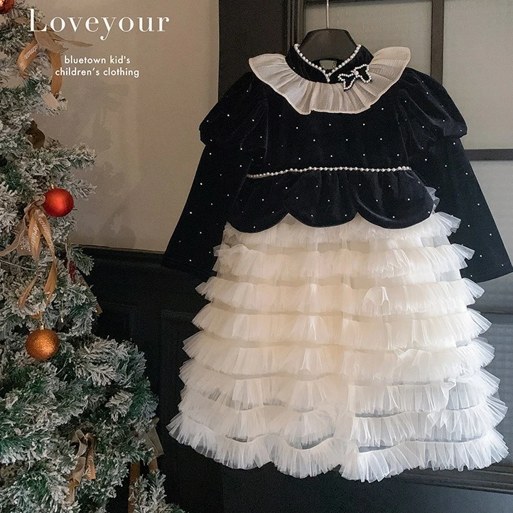 

Юбка для девочек, осень 2021, новая детская одежда, корейский стиль, детское французское бархатное сетчатое платье с объемными рукавами для девочек