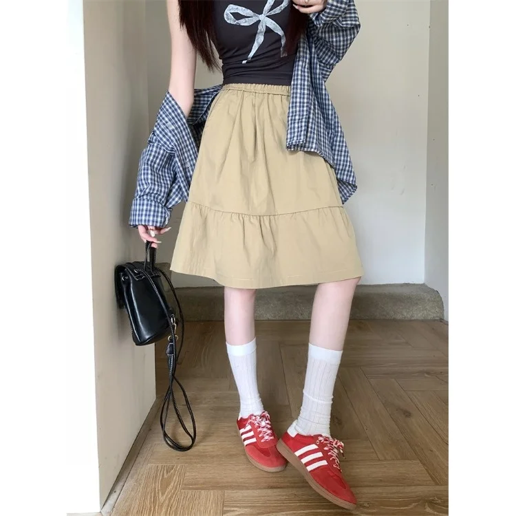 Japanese Style Casual Elastic Waist Midi Skirt with Pockets College Wind Half Skirt Short Skirt Standard Fit Polyester Fiber