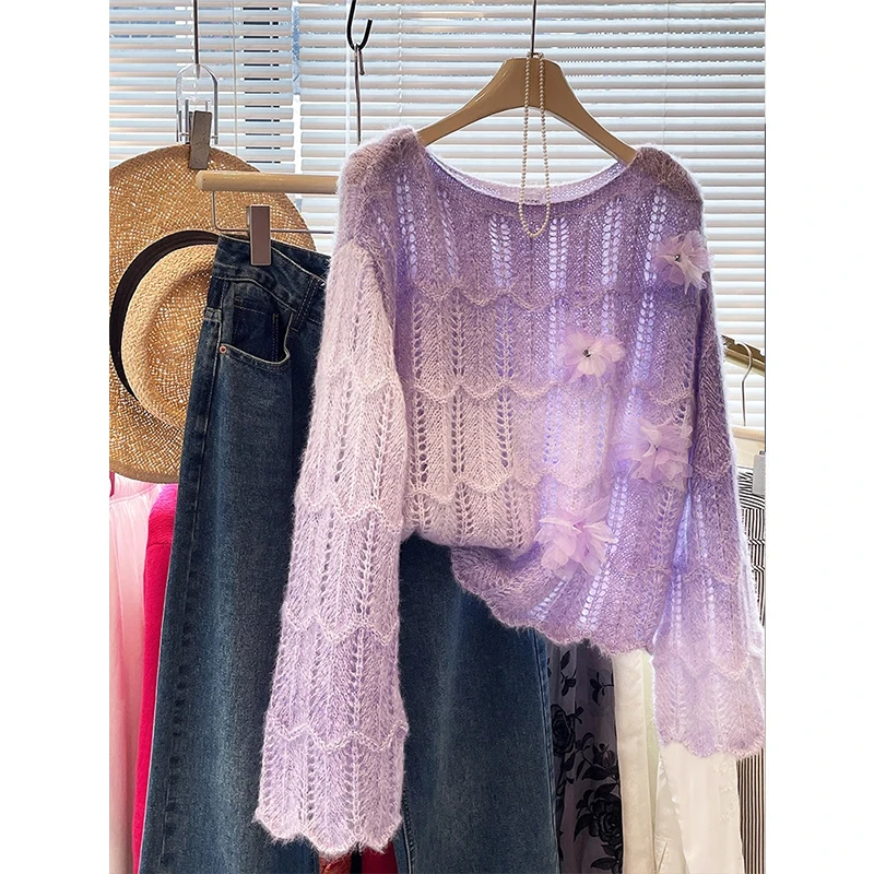 

Корейский мягкий круглый женский вязаный свитер с цветочным принтом Ne Long Sve Ele, модный повседневный удобный топ для похудения