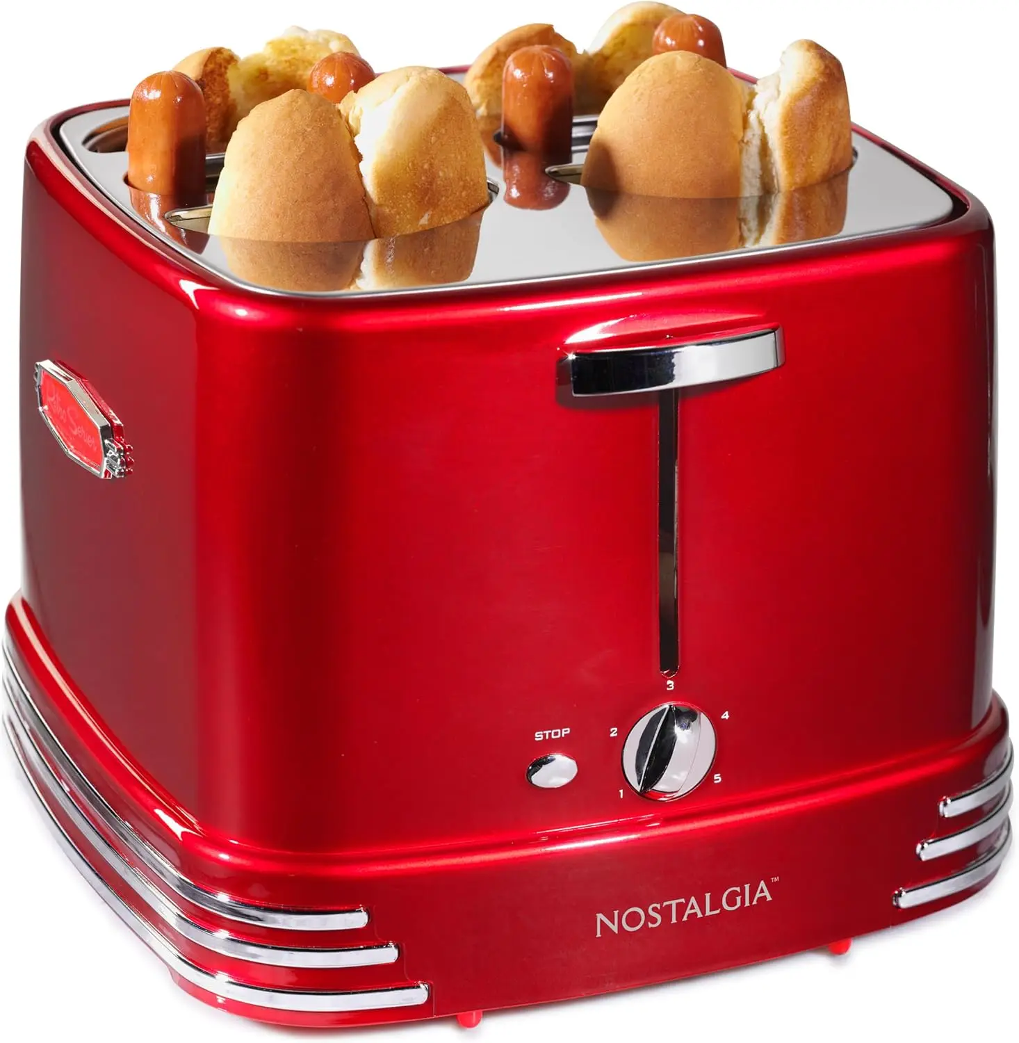 

4-Slot Hot Dog Toaster with Mini Tongs for Chicken, Turkey, Veggie Links, Sausages, Brats - Metallic Red