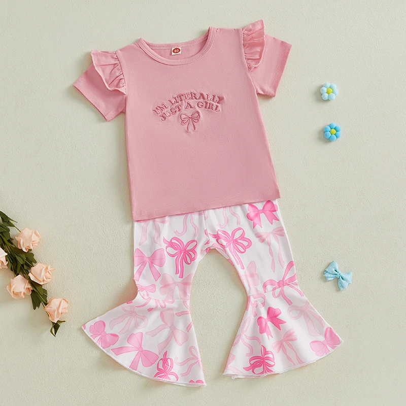 Girls Summer Outfits Stylish Short-Sleeve T-Shirt with Embroidered Letters and Elastic Bow Flare Pants - Adorable 2-Piece Set