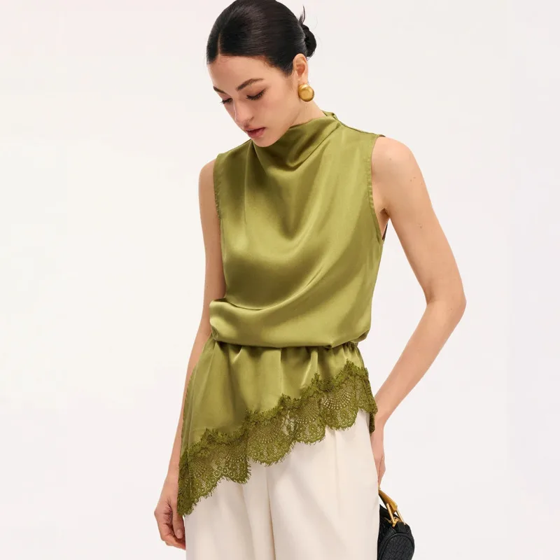 Olive Green Satin Sleeveless Top Women Summer With Stacked Collar Lace Patchwork Design Slim Fit Elegant Half Height Collar Vest