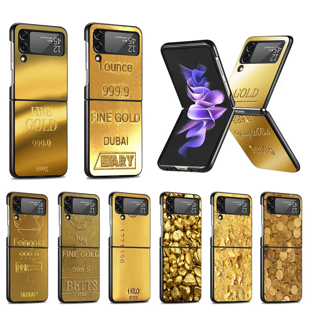 Étui imprimé à motif doré fin pour Samsung Galaxy Z Flip 4 3 5G, housse de téléphone portable noire Flip4 Flip3, PC dur Fudna Zflip4 Zflip3