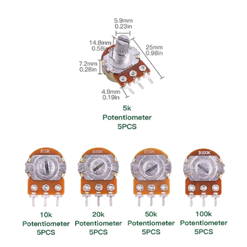 5PCS WH148 Single Linked Potentiometer  with Cap B1K 2K 5K 10K 20K 50K 100K 500K 1M Handle Length 15mm Adjustable Resistance
