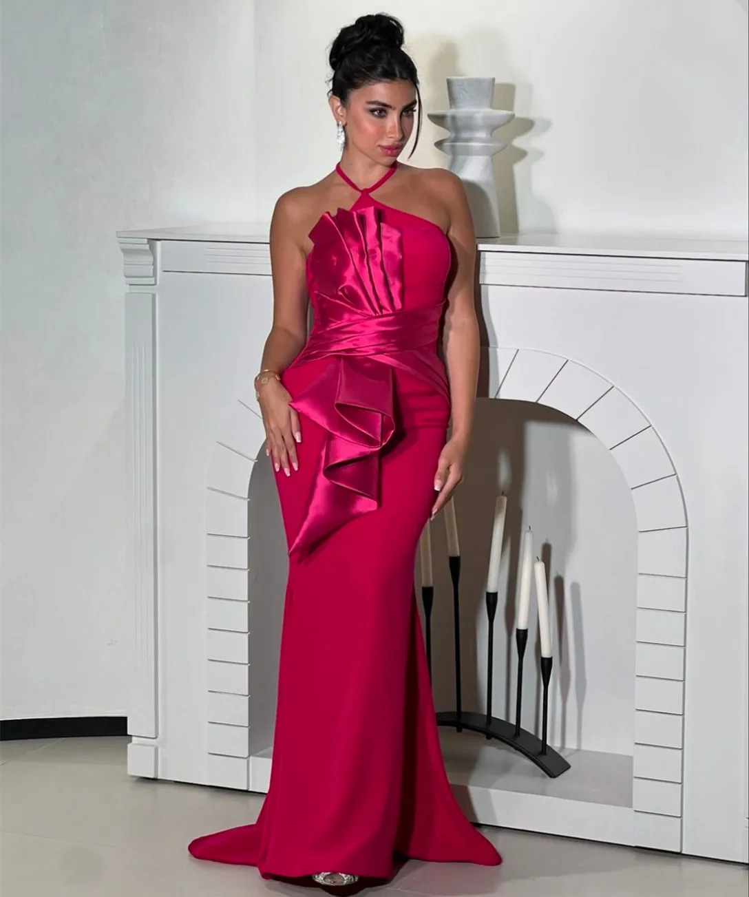 Customized Long Fuchsia Evening Dresses with Ruffles Mermaid Scalloped Watteau Train فساتين سهرة Wedding Guest Dress for Women