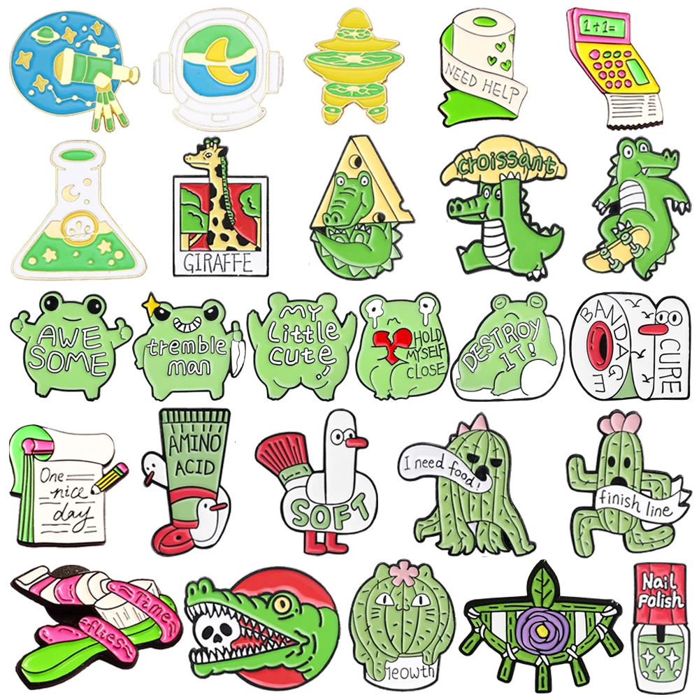 Cartoon Green Dinosaur Frog Enamel Brooches Cute Cactus Goose Toothpaste Toilet Paper Calculator Pins For Bag Jewelry Accessory