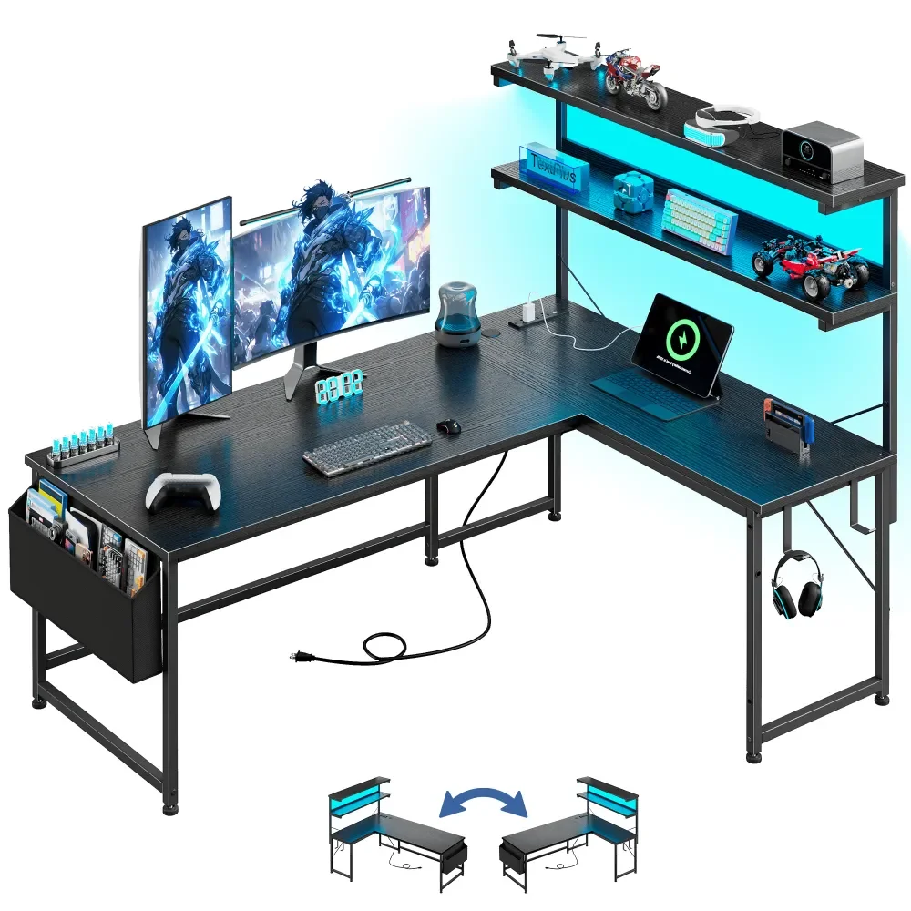 

standing desk l shaped desk table43.3 Reversible L Shaped Computer Desk Home Office Desk Gaming Desk With LED Light Power Outlet