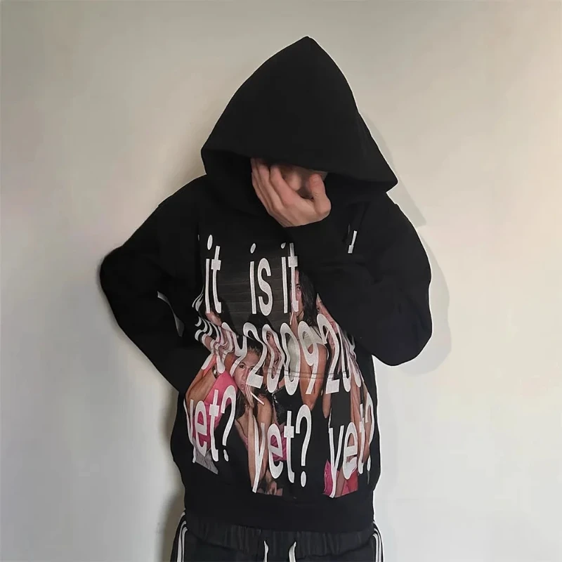 Letter Portrait Printing Vintage Aesthetics Casual Streetwear 2000s Autumn Gothic Harajuku Fashion Long Sleeve Pullover Hoodies