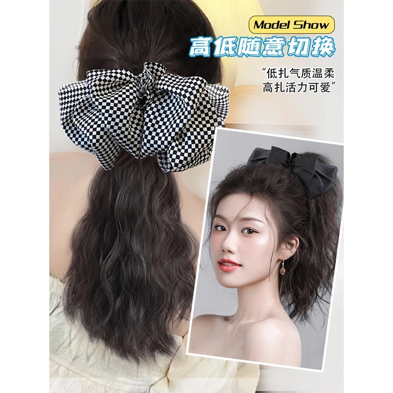 Fashionable New Women\'s Synthetic Grab Clip Ponytail Wig with Bow Hairpin Wavy Curly Ponytail Hair Extension