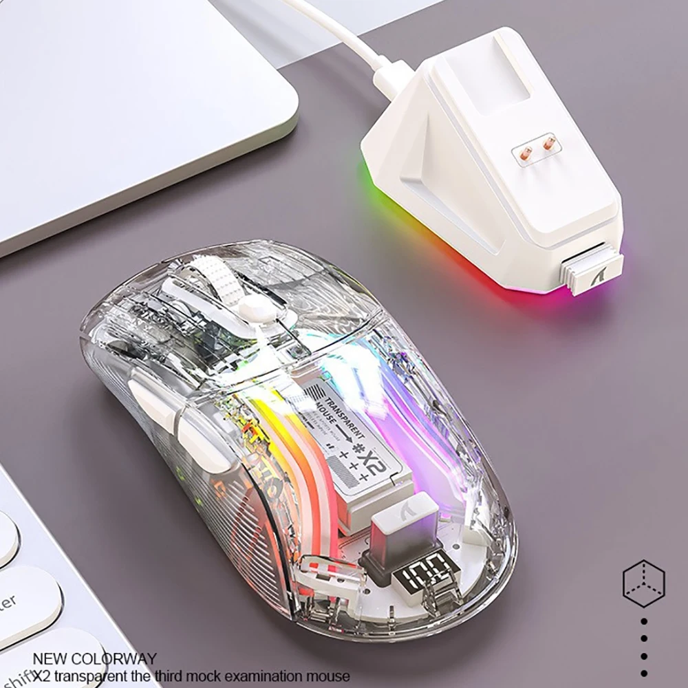 X2 PRO Wireless Bluetooth Gamer Mouse with Magnetic Charging Dock RGB Light 3 Mode Connection USB Type-C Wired Transparent Mouse