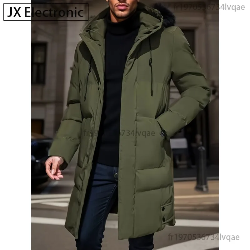 2024 Warm Hooded Mid-length Jacket Mens Casual Zip Up Cotton Padded Jacket Overcoat Autumn Winter Windbreaker Coats Men Clothing