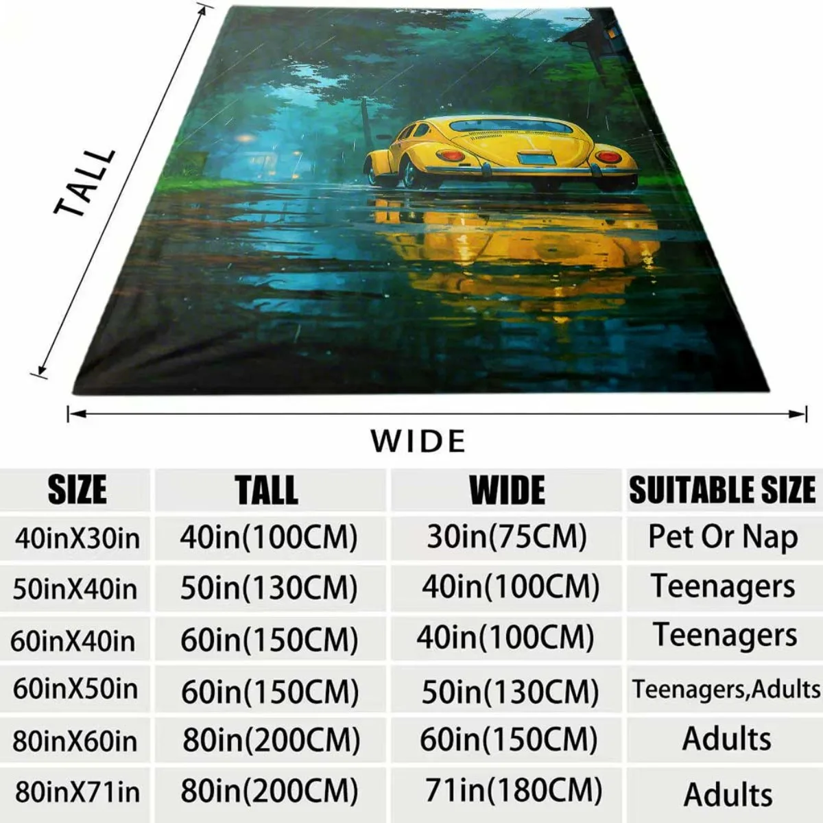 Vintage Yellow VW Beetle Car Scene Throw Blanket Cozy Home Decor Gift for Car Lovers