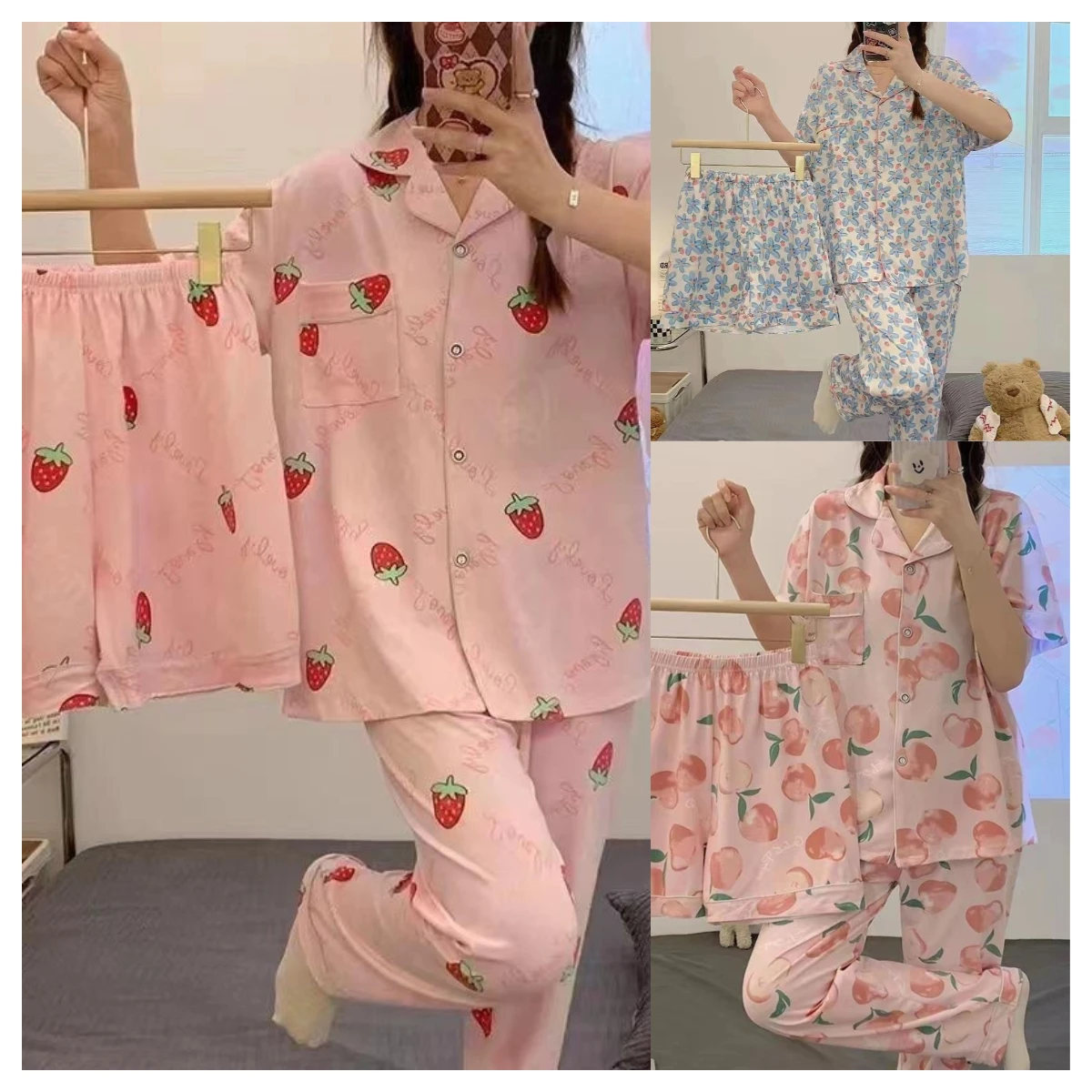 Three-Piece Ladies Summer Pajamas New Short-Sleeved Long Pants Casual Comfortable Cute Sweet Senior Sense Of Homewear Set