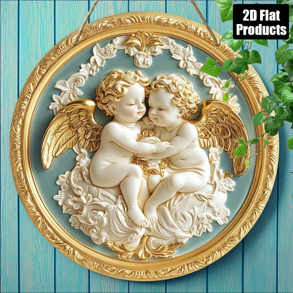 Plaque murale circulaire en bois 2D plate, 1 pièce, thème d'ange Vintage, 8x8 pouces (20x20cm), décoration murale en bois artificiel avec chérubins et Flor