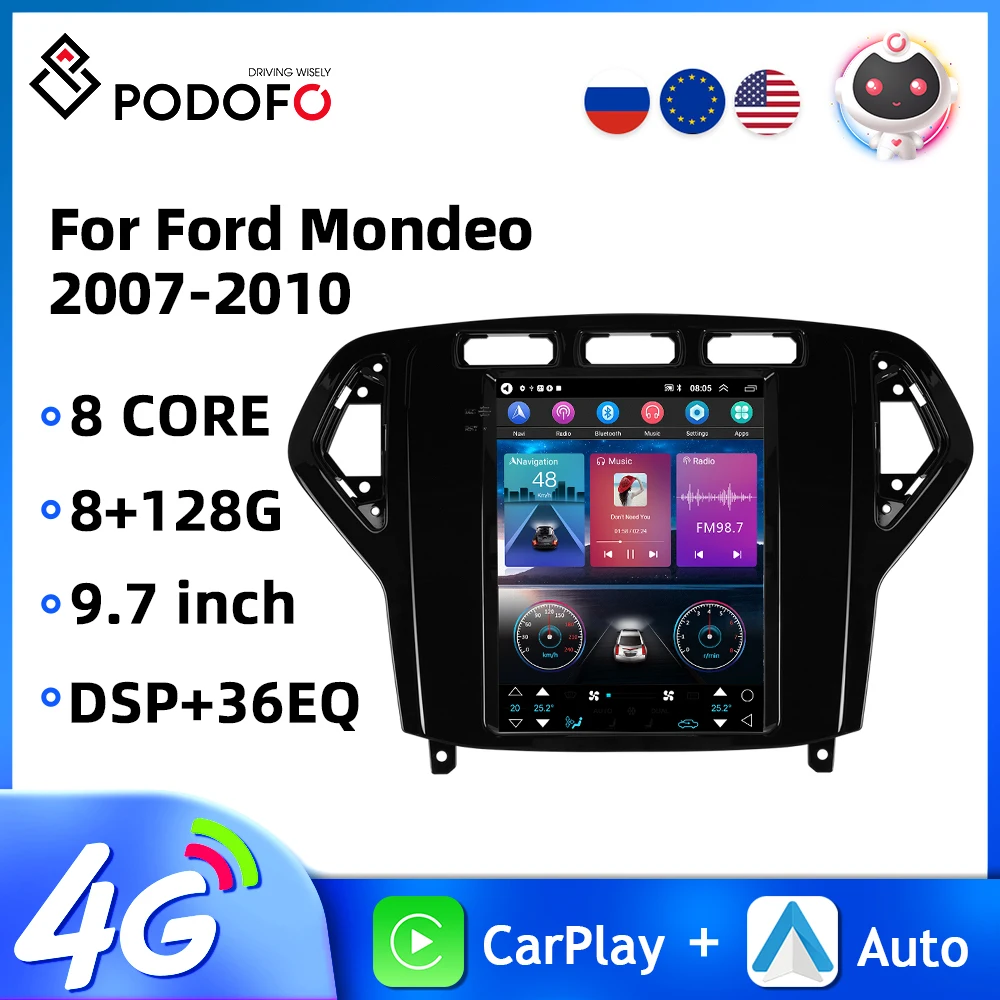 

Автомагнитола Podofo, 2DIN, 9,7 дюйма, для Ford Mondeo 2007-2010, мультимедийный плеер Carplay, Android, GPS, Wi-Fi, 2 + 64 ГБ, Bluetooth