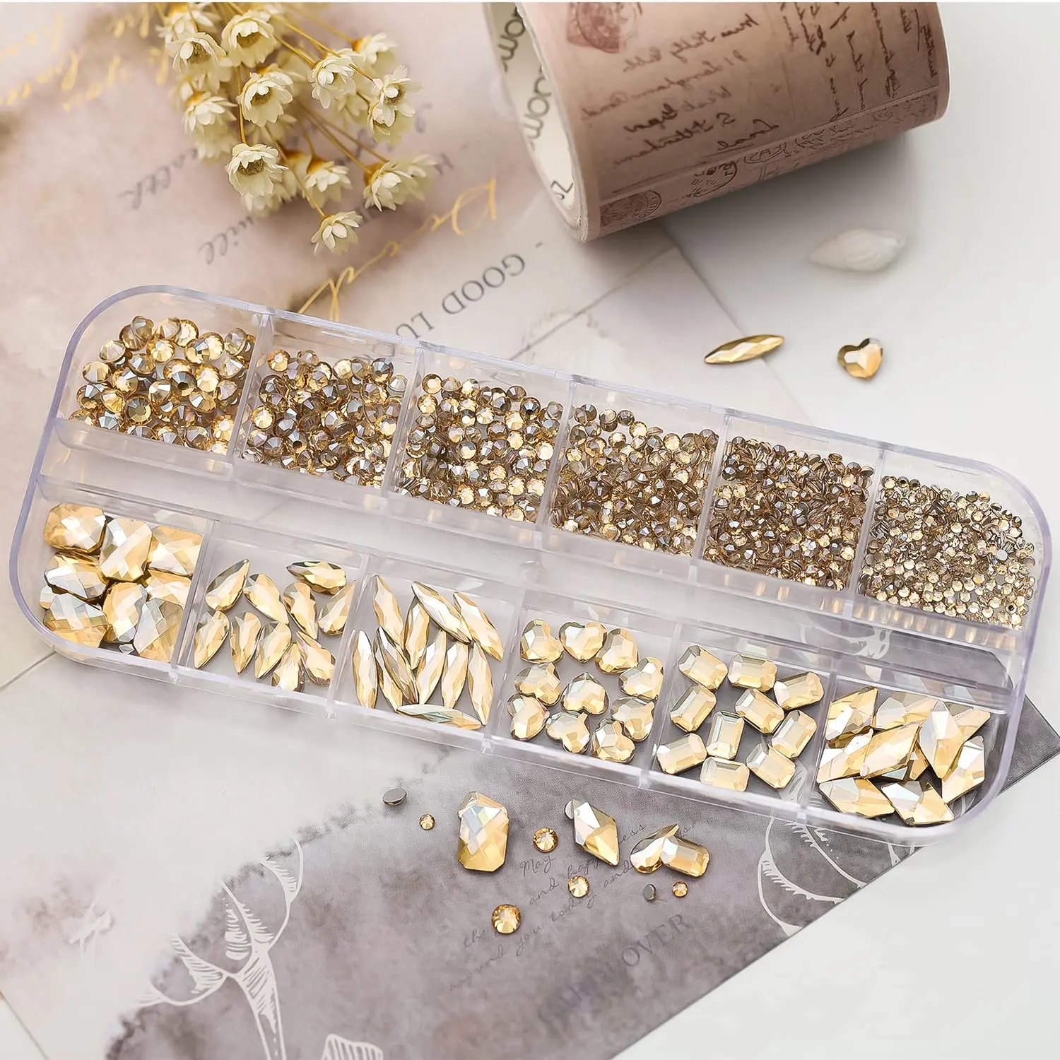 720/1000pcs Champagne Nail Art Rhinestones 5/10pcs Shaped Gem 75/120pcs Mini Diamond Mixed Sizes Flat-Back Luxurious Crystal RH4