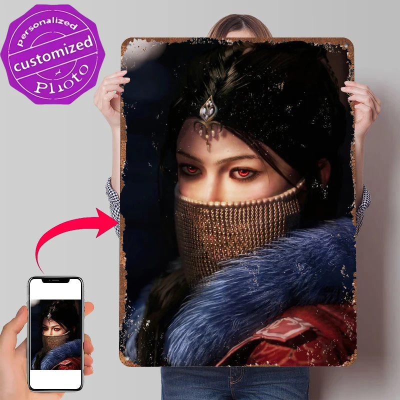 Mysterious Woman With Red Eyes Tinplate Poster Customized Wall Art Retro Vintage Metal Signs for Fans Interior Accessories House