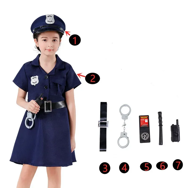 Child Police Officer Costume and Role Play Police Costume for Kids Halloween Cosplay Dress Up with Handcuffs Badge Toys Gifts