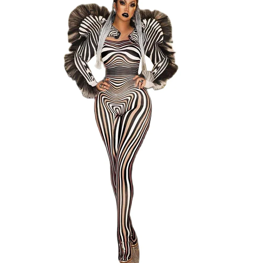 

Zebra Stripes Long Sleeves Sexy Jumpsuits With Gauze For Women Fashion Show Halloween Wear Festival Drag Queen Rave Costumes