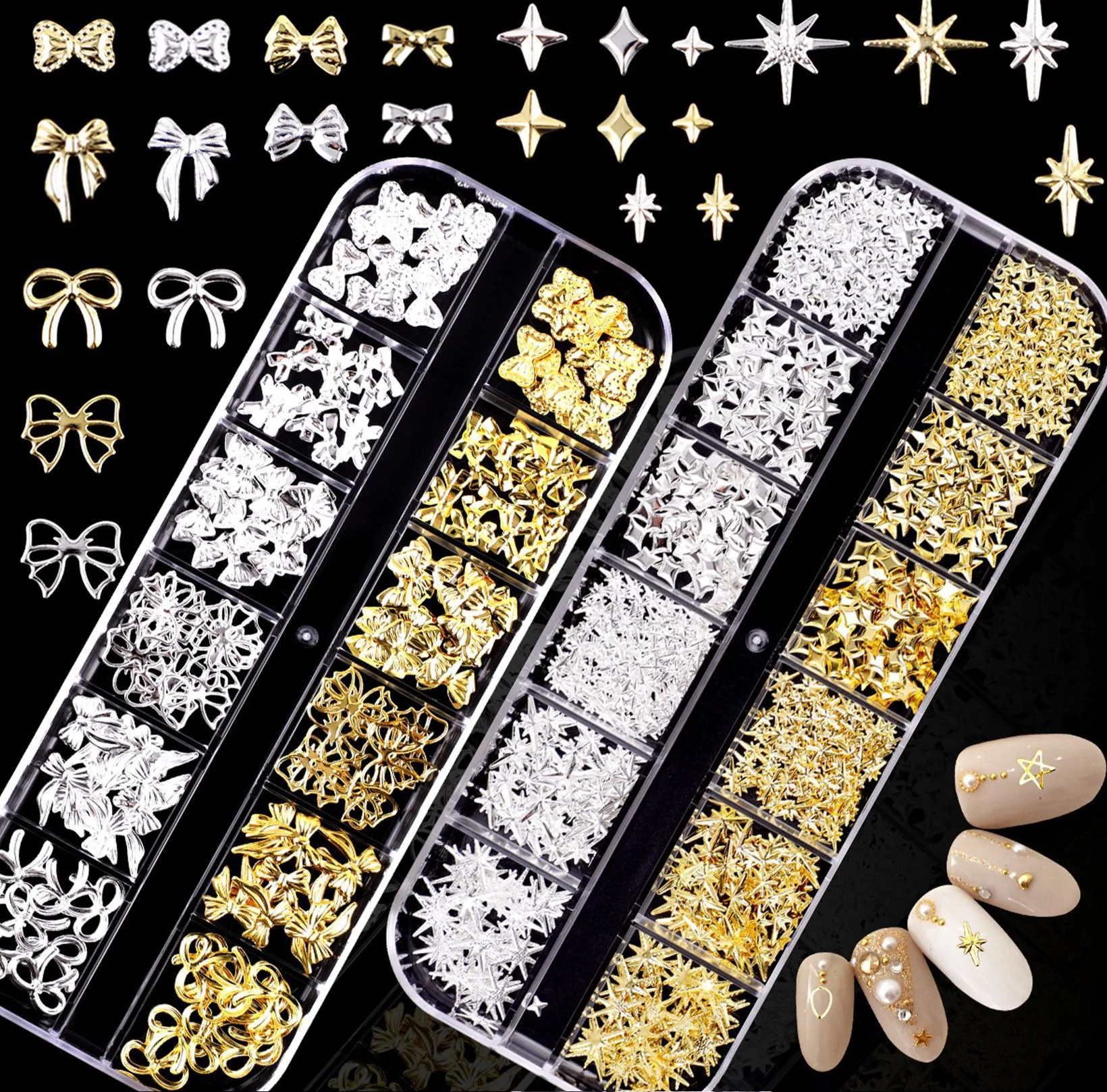 2 Box Set Nail Art Decorations, Bow Starburst Dual Box Set, Silver Color Rivet Accessories, DIY Nail Stickers, Fashion Nail Jewe