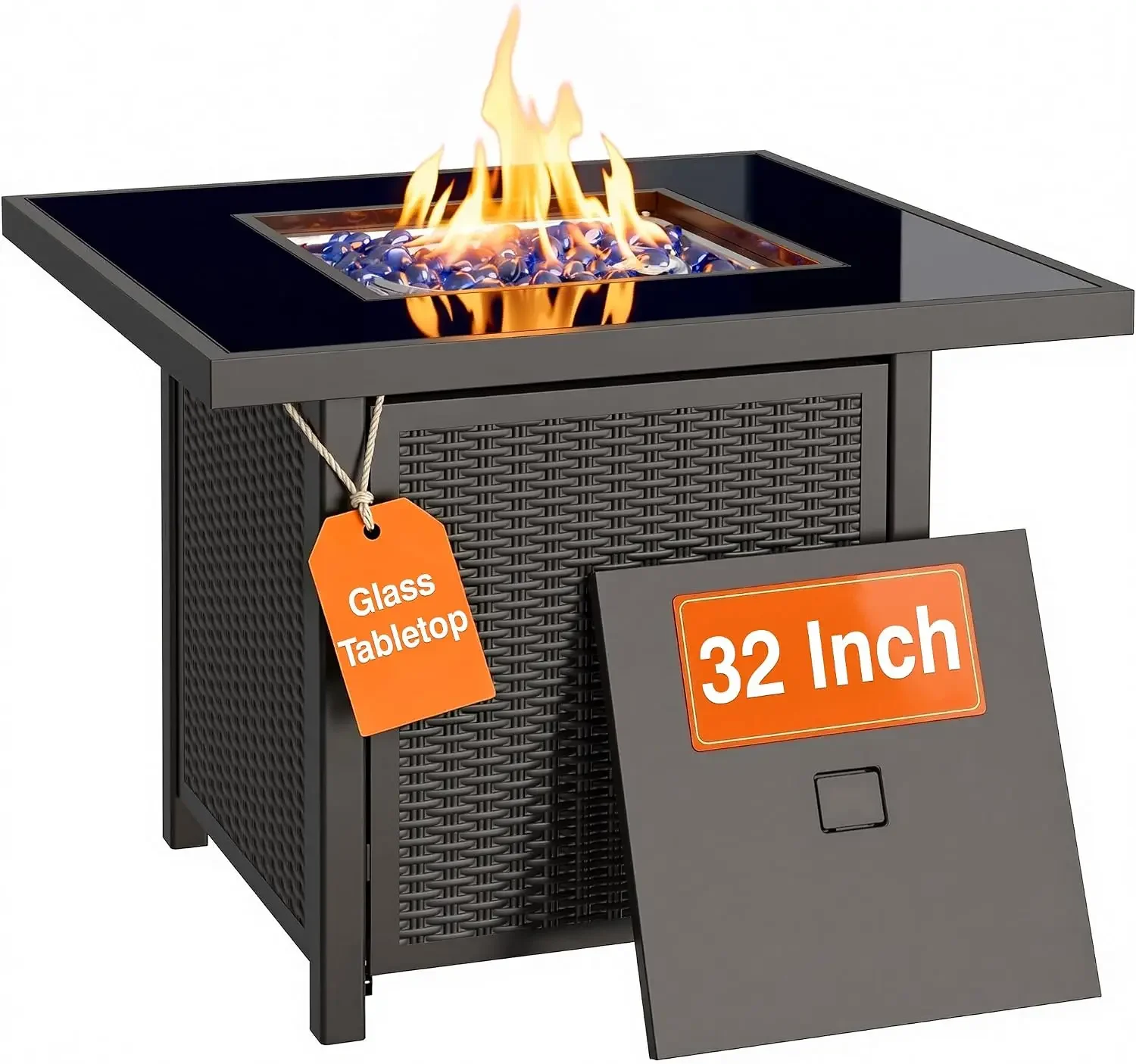 32 inch Glass Tabletop Propane Fire Pit Outdoor | 50,000 BTU Propane Fire Pit Table Square, Gas Firepits for Outside Patio