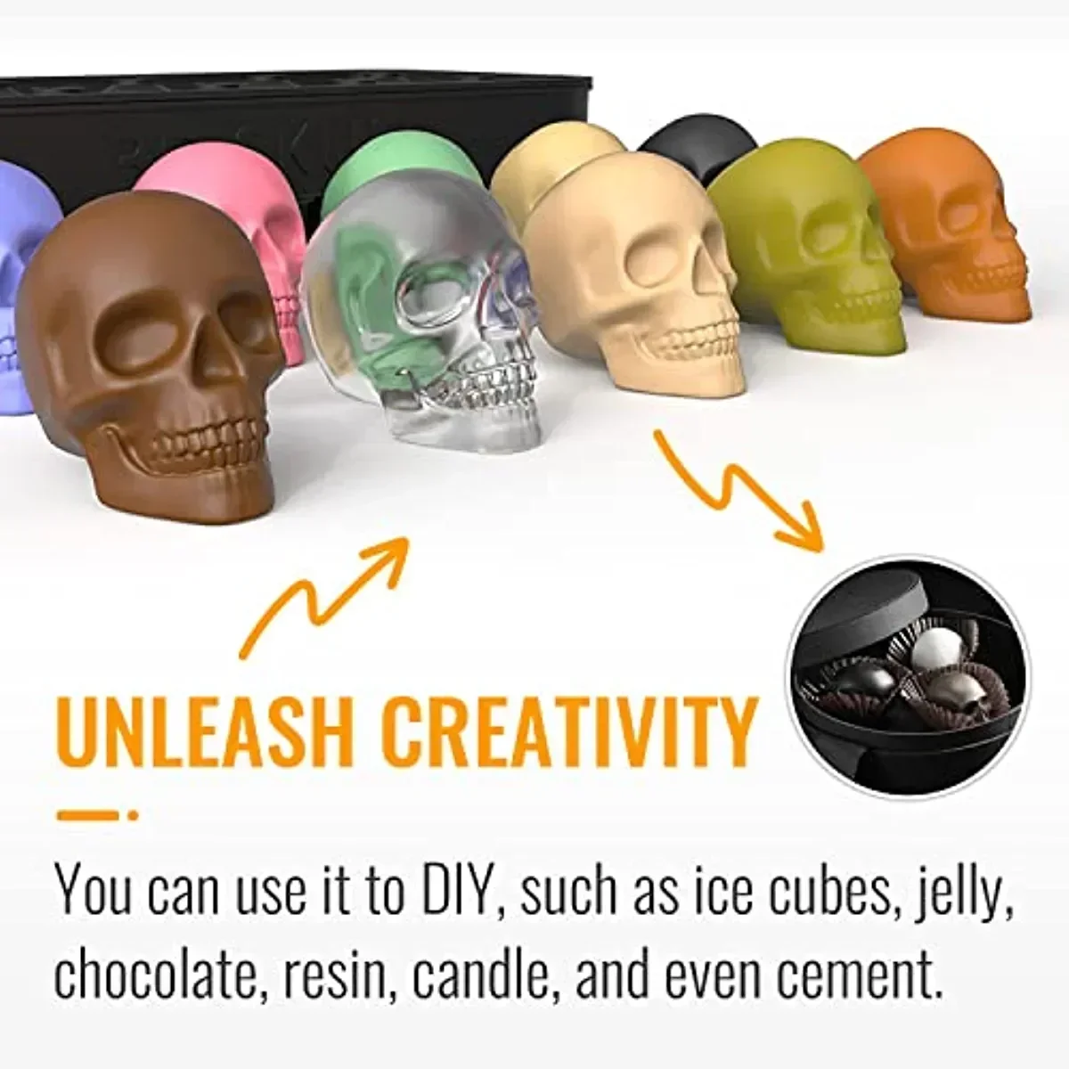Ice Machine Mold for Whiskey - 10 Cavity Skull Ice Cube Tray with Funnel - Skull Silicone Mold for Baking, Chocolate