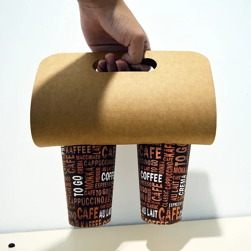 50pcs Disposable Kraft Paper Cup Holder Milk Tea Takeout Single Hole Double Hole Coffee Beverage Originality Portable Package