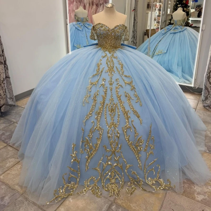

Sky Blue Shiny Quinceanera Dresses Off The Shoulder Gold Applique Lace Beads Bow Tull Corset Party Birthday Sweet 16 Dress