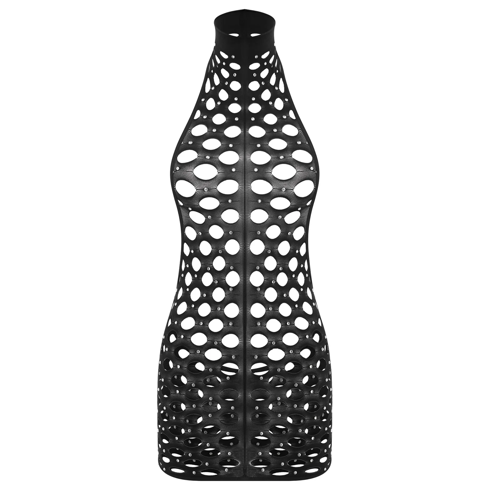 

Womens Sparkling Rhinestones Mini Dress Halter Sleeveless Backless Fishnet Dress See Through Bodycon Stretchy Dress Swimwear