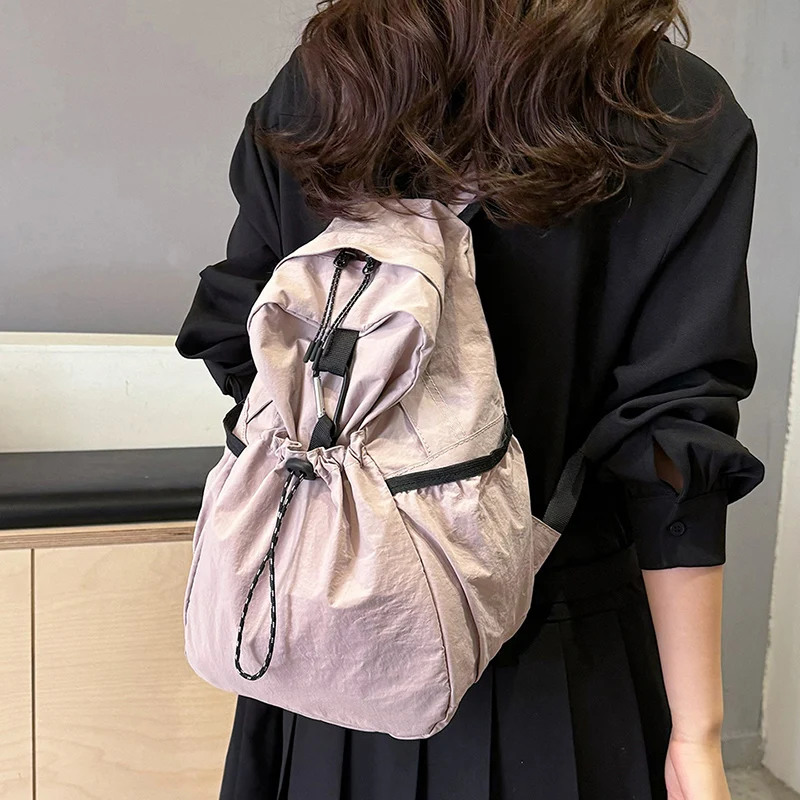 

Harajuku Style Drawstring Back Shoulder Bag Large Capacity Backpack Casual And Versatile Pleated Washed Cloth mochilas escolares