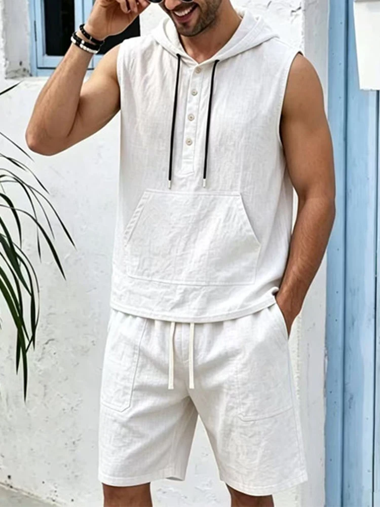 Vintage Linen Hoodie Suits Fashion Solid Color Drawstring Outfits 2026 Summer Men Sleeveless Tops And Shorts Two Piece Sets