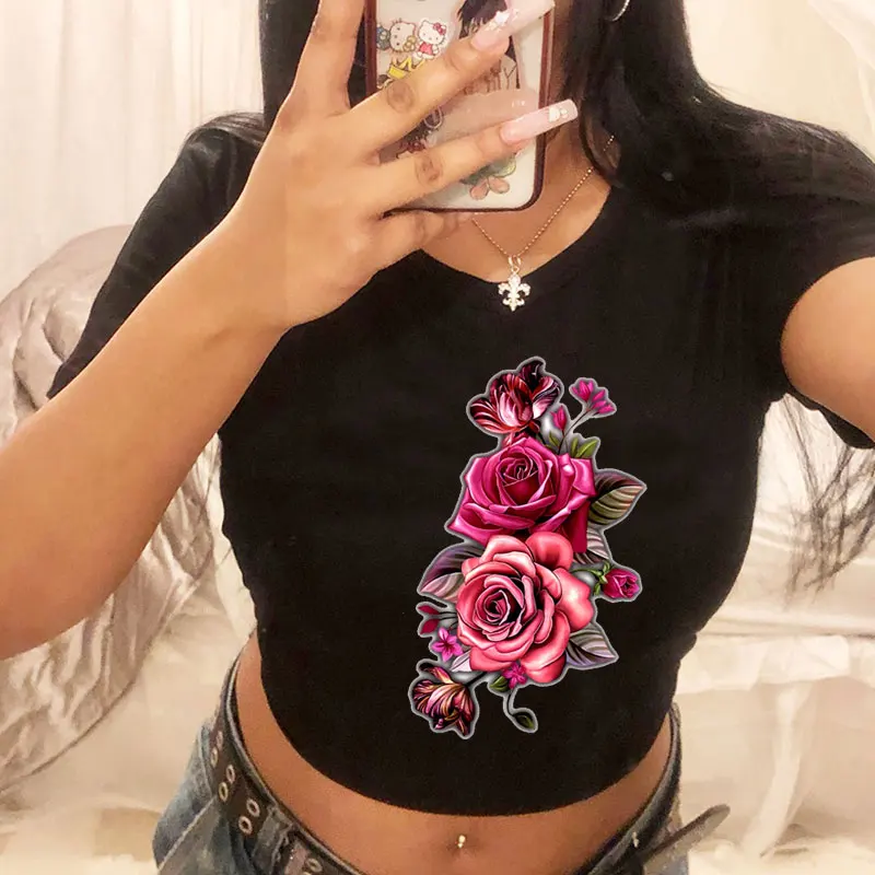 Pink Rose Flower Print Summer outfit Pattern Short Sleeve O Neck Sexy Cropped Navel Women Crop Tops Fashion T-Shirt
