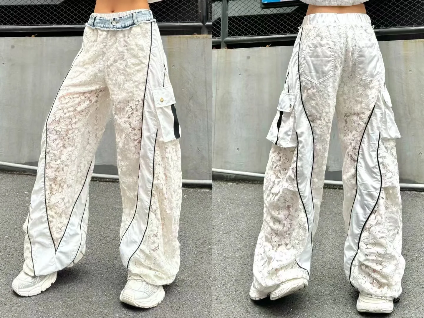 European Lace Scimitar Pants Women's 2025 Summer New Personalized Denim Splicing Pocket Loose Banana Trousers Balck Pants
