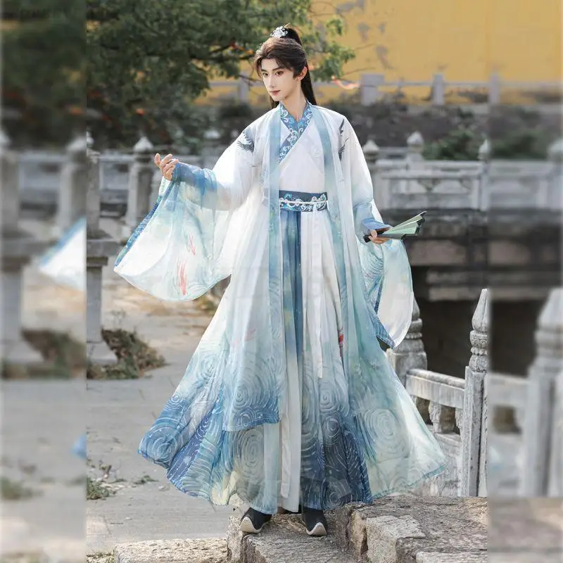 Ancient Hanfu Sets Men Chinese Traditional Cosplay Costume Male Stage Performance Wuxia Clothing Blue White Plus Size 3XL Dress view 2