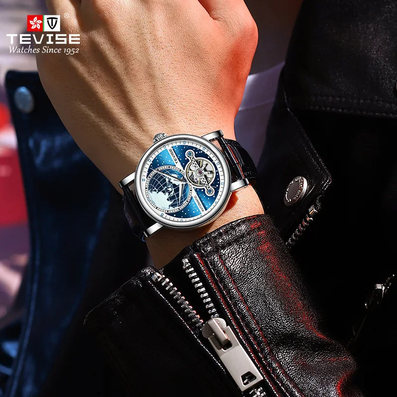 Tevise Top Brand Earth Star Man Tevise T867k Blue Luminous Luxury Automatic Men Mechanical Tourbillon Waterproof Leather Watches