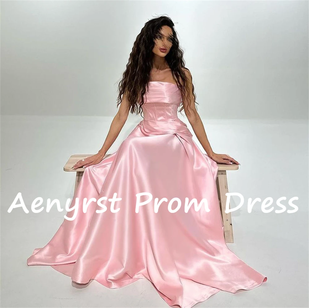 Aenyrst Roze Strapless Geplooide Prom Jurken Satijn Straight Avondjurken Vloerlengte Verjaardagsfeestjurk Elegant فساتين السهرة