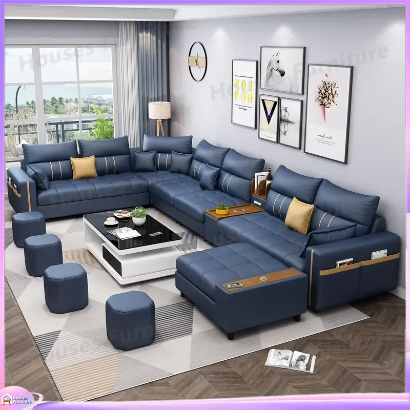 Modern L Shaped Leather Corner Sofa Set with USB Port Bluetooth Speaker Living Room Furniture Assembly Sectional Couch